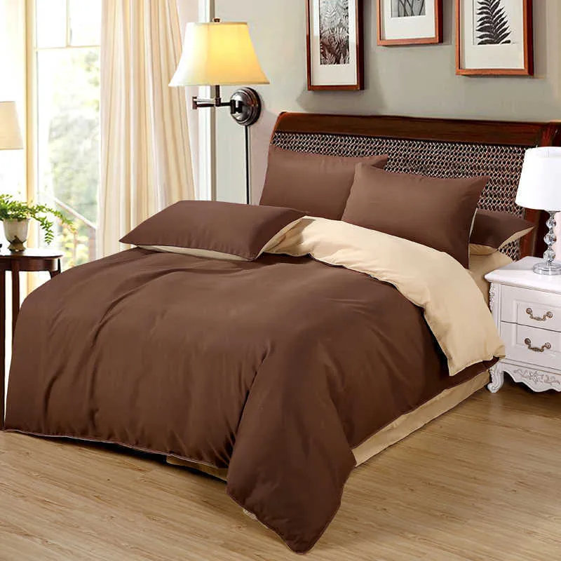 Podwójny Kolor Brązowy Złoty Płaski Pościel Zestaw kołdra Set Poszewka Twin Single Size Bed Set 210706