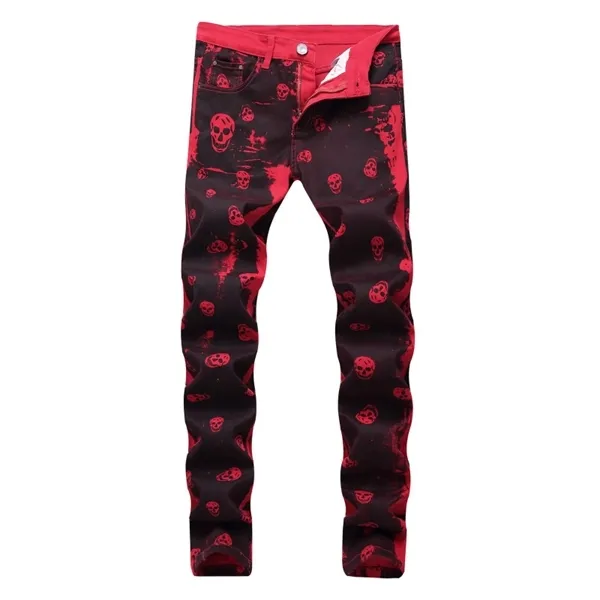 2020 Autumn Men's Fashion Skeleton Skull Printed Night Club Personality Jeans Male Slim Fit Red Denim Pants Long Trousers X0621