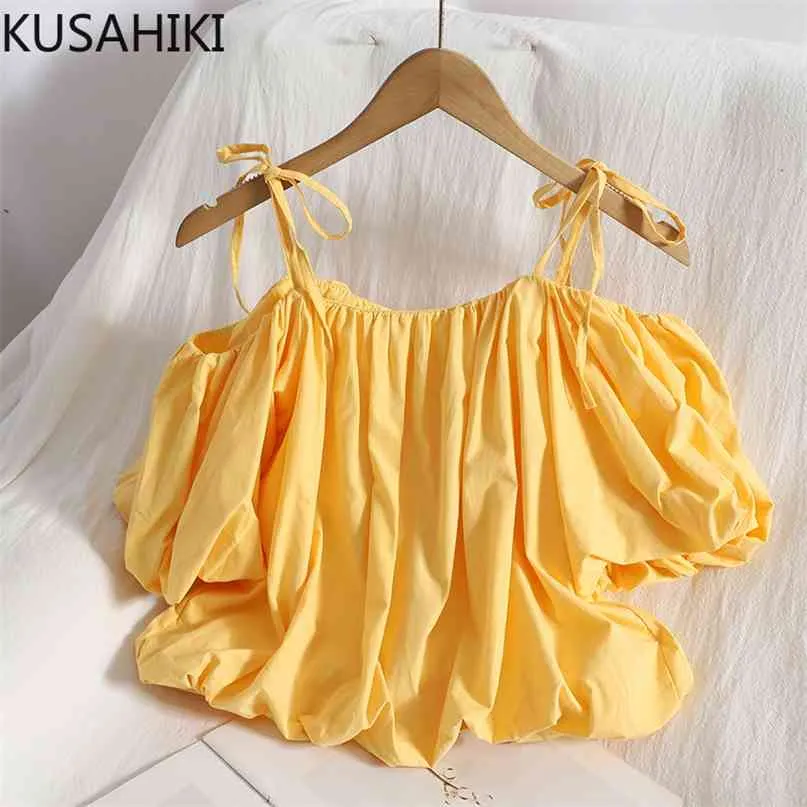 KUSHAIKI Coréen Bow Tie Sling Slash Neck Blouse Tops Causal Sweet Puff Sleeve Femmes Chemises Été Court Blusas 6J497 210603