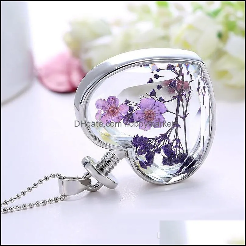 7 pcs Europe and America New style Heart pendant flowers love crystal variety plant dried flower necklace birthday holiday gift
