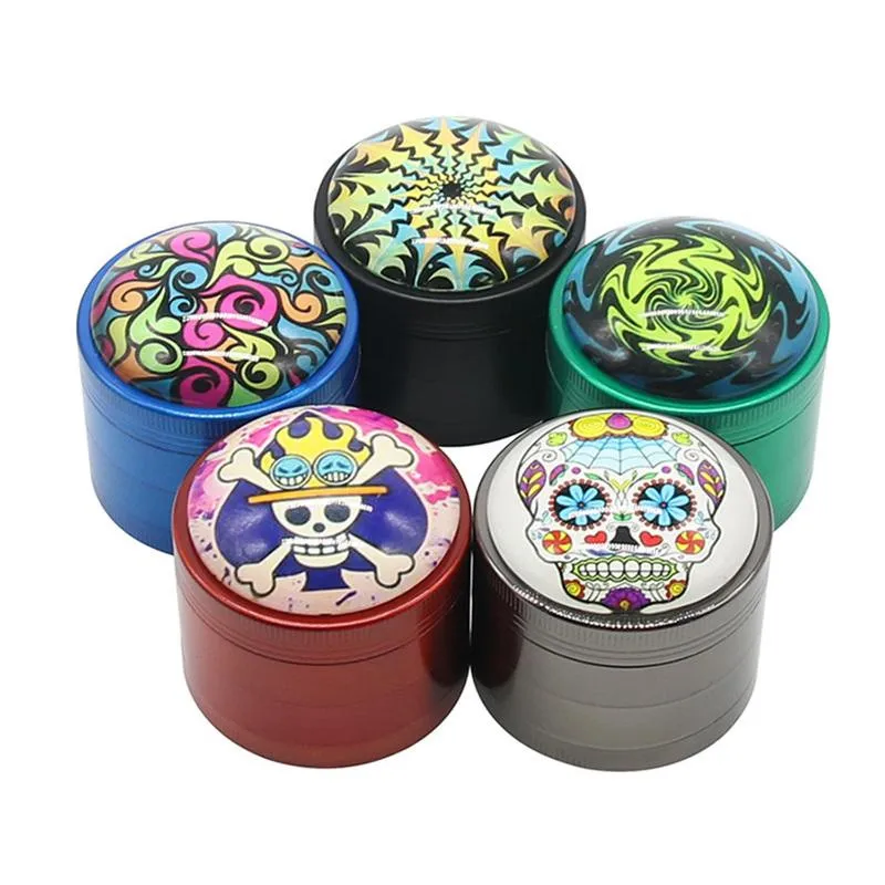 skull pattern crystal cover zinc alloy vertical four layer smoke grinder 50MM print metal grinders