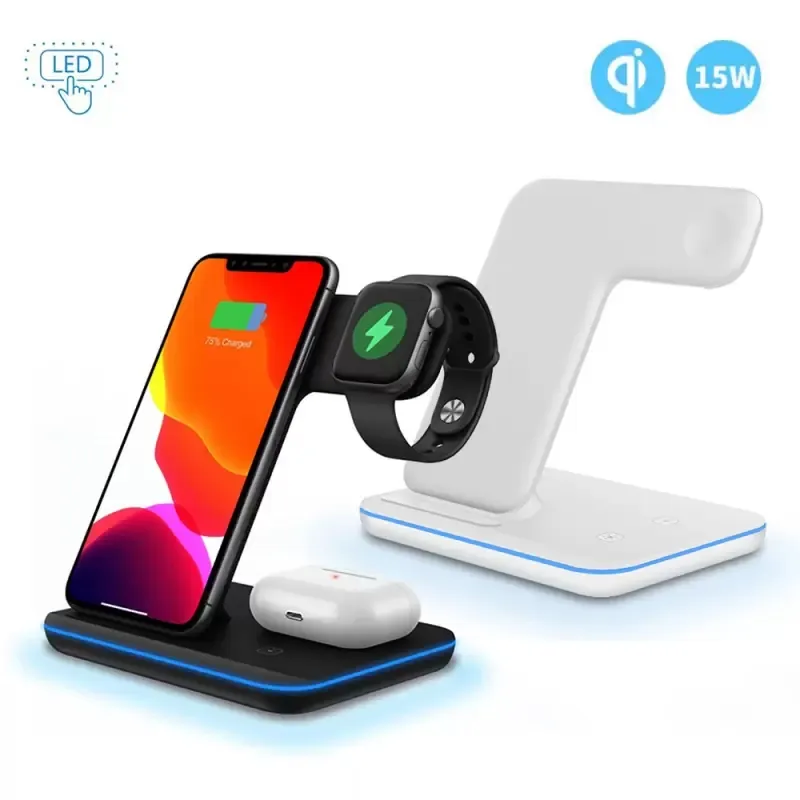 3 in 1 Wireless Charger portable Qi Quick 15W Fast Charging Dock Stand Station for iwach/airpods/iphone