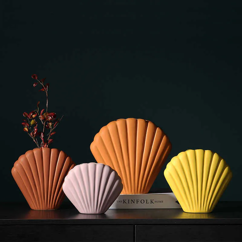 Jarrón de cerámica minimalista nórdico con forma de concha marina, maceta contratada Morandi, decoración moderna, adornos de mesa para sala de estar 210623