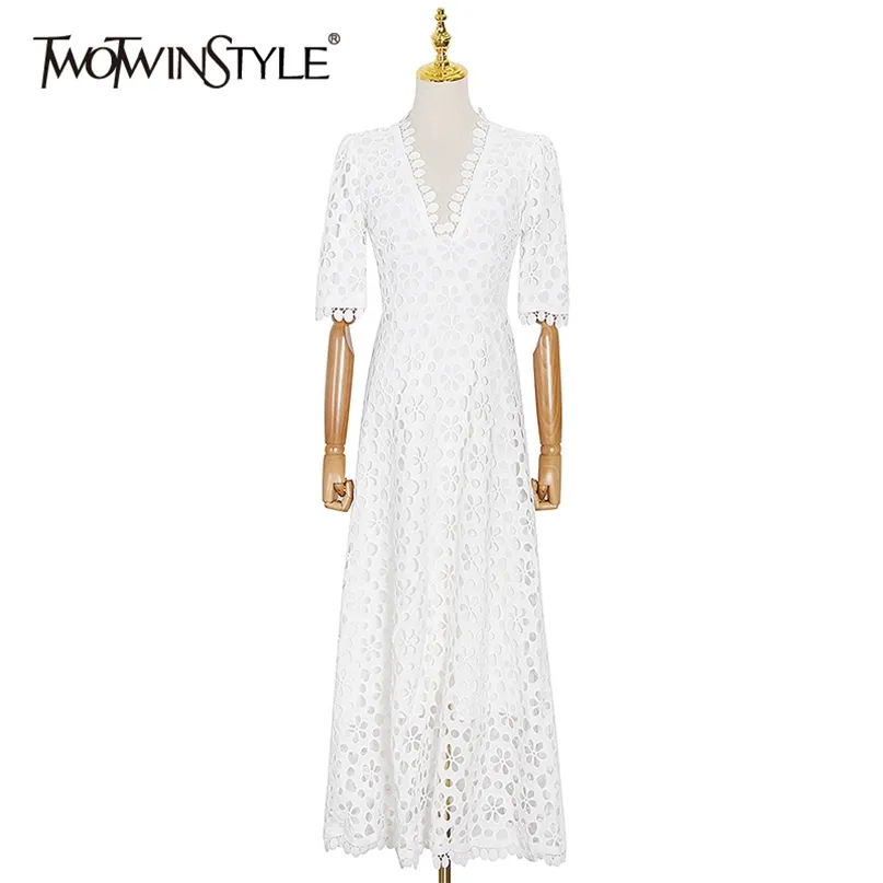 Effen witte jurk voor vrouwen v-hals halve mouw hoge taille holle elegante slanke jurken vrouwelijke kleding 210520