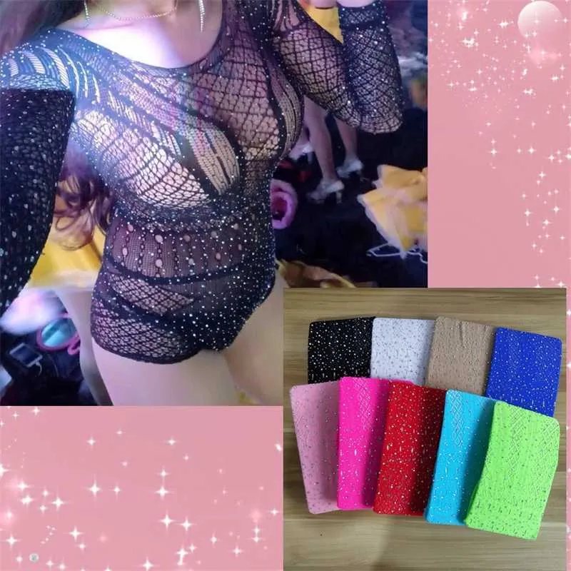 Kvinnor sexiga underkläder se genom bodysuit bling paljetter lång ärm svart jumpsuit topp lady party clubwear kläder 211201