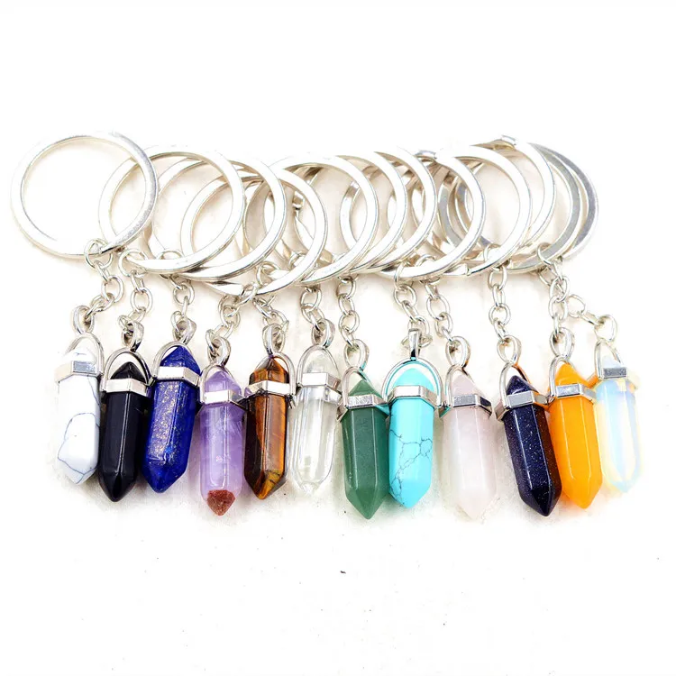 Guérison Reiki chakra Sculpté hexagone Pierre Naturelle Porte-clés Pendentif Porte-clés Cristal Chakras Quartz Chaînes Bijoux Accessoires