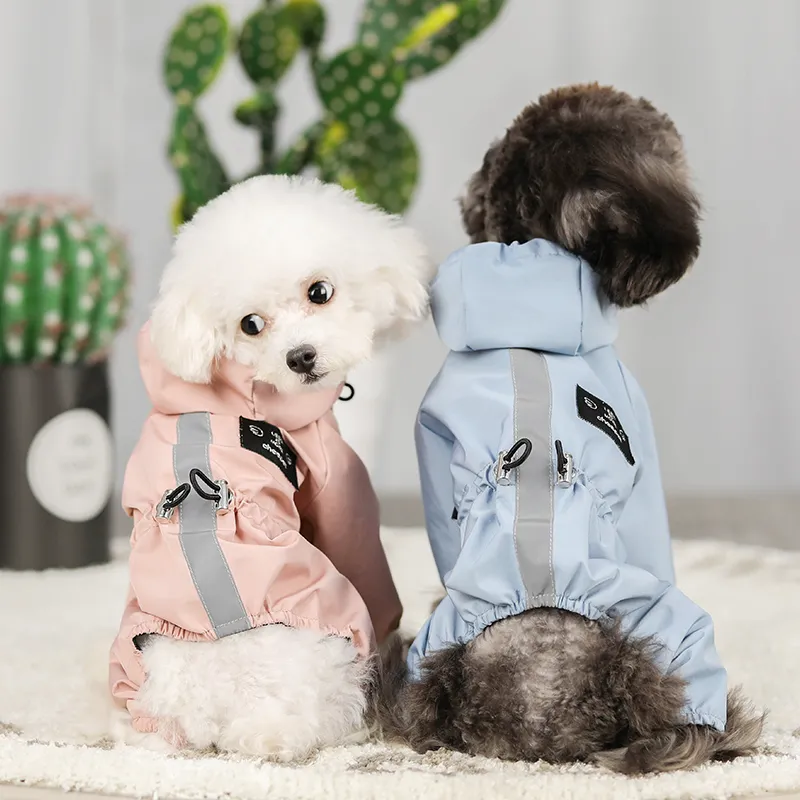 Small Dog Raincoat Rain Boots Set Hooded & Four Leg Pet Raincoat With Reflective Strip Polyester Anti-Slip Silicone Water Proof Rain Boots O