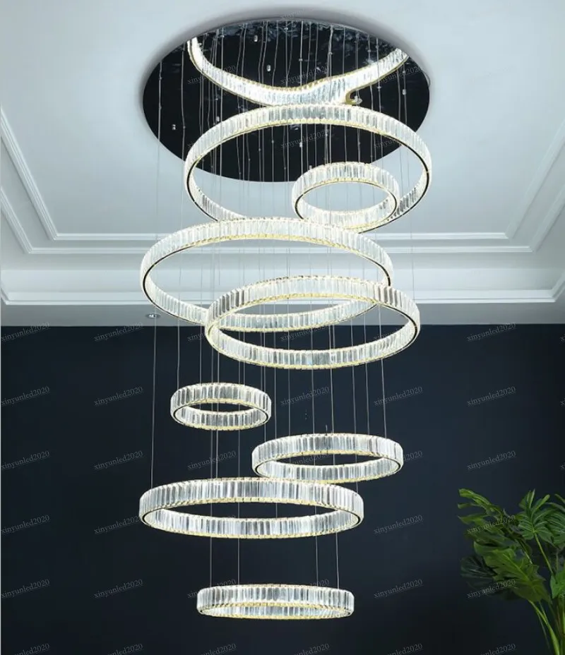 Lustre de cage d'escalier moderne bâtiment duplex cristal villa salon lampes et lanternes simple escalier rond long chandeliers2331