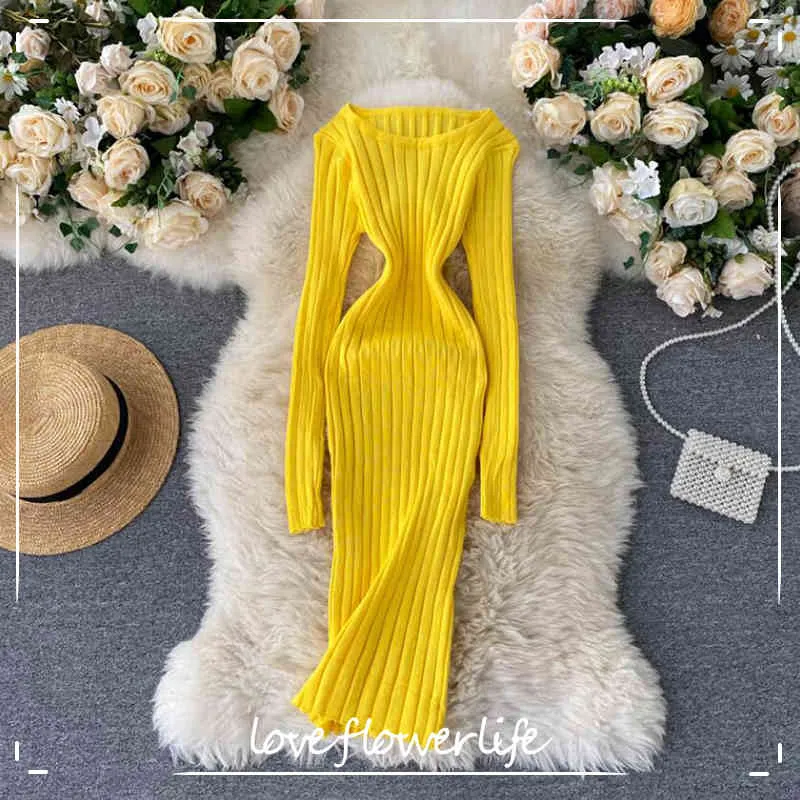 Women O Neck Stretchy Knitted Dress Autumn Winter Long sleeve Sweater Bodycon Dress Ladies Slim Knee-Length Party Vestidos 210521