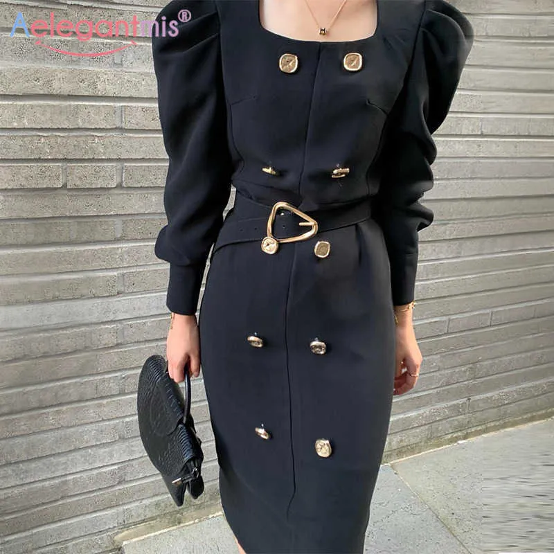 Aelegantmis Coréen Casual Couleur Casual Double boutonnée Robe Noire Femmes avec ceinture Manches bouffées Bureau Dame Femme Élégante 210607