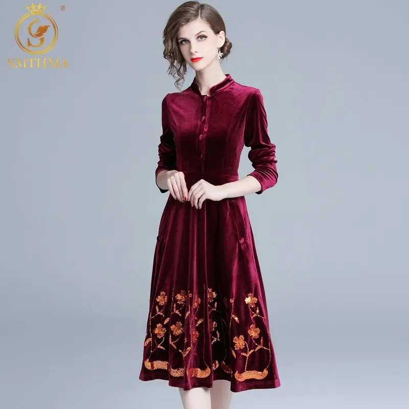 Ankomst Vinter Luxury Design Runway Velvet Dress Women Sequin Broderi Party Dresses Vestido 210520