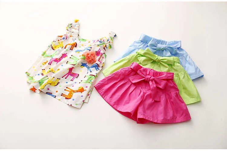 Girls Clothing Set O-neck Sleeveless Summer 2-10 Years Kids Cartoon Colorful Horse Print Vest+Shorts 2 Piece Outfits Sets (14)