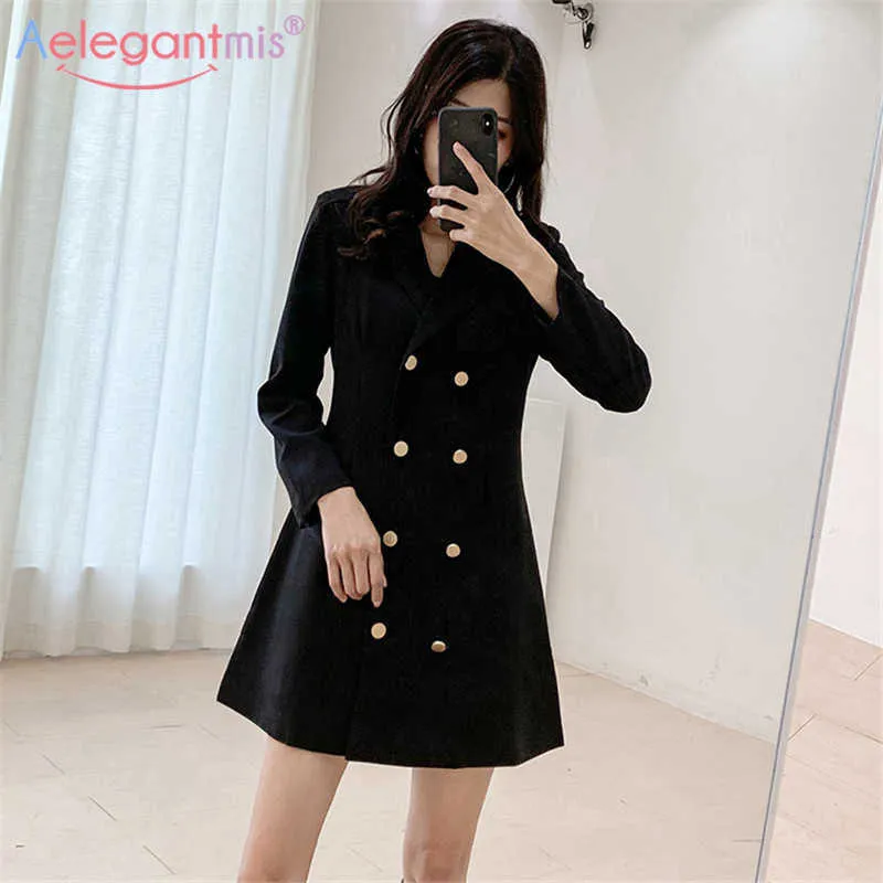 Aelegantmis Elegant Black Long Blazer Jackets Women England Style Vintage Suits Coat Double Breasted Business Slim Female 210607