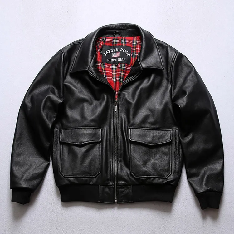 Black Genuine Leather G1 Bomber Jacket with Zipper Closure and