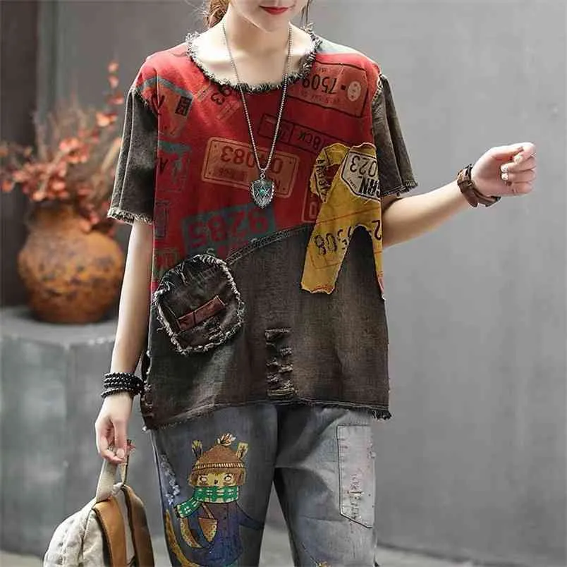 Summer Arts Style Women Short Sleeve Loose T-shirt Cotton Denim Vintage Hole Tee Shirt Femme Big Size Tops M209 210512