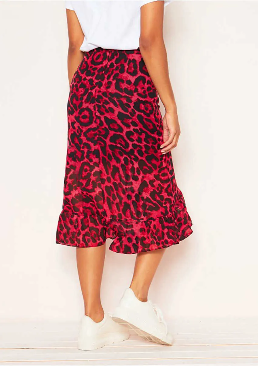 Leopard Long Skirt Women High Waist Midi Female Office Ruffle Animal Print S Womens Summer Red Casual 210607