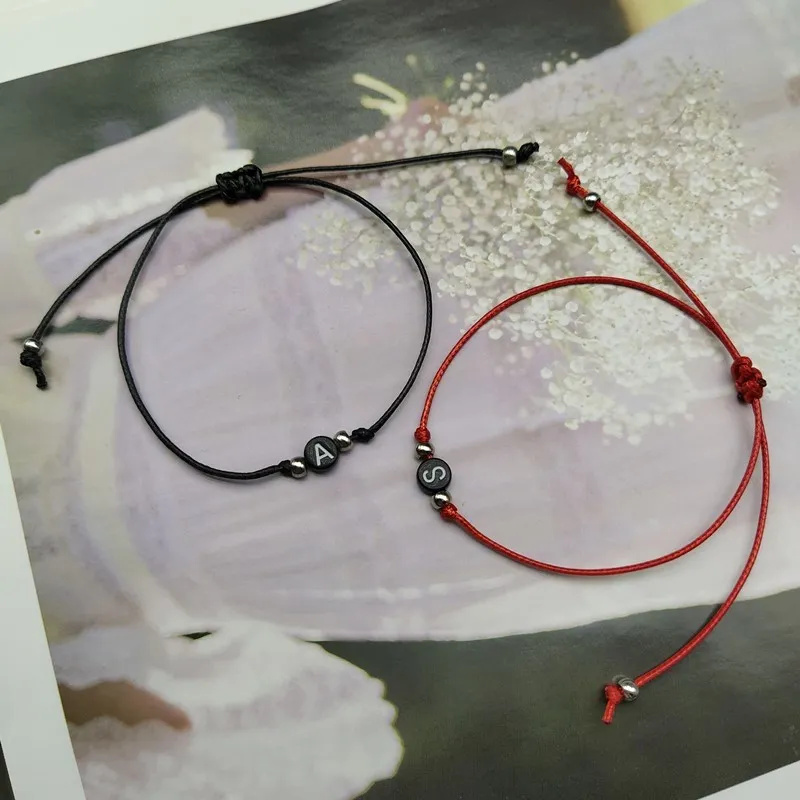 Handmade 26 Letter Bracelet Black Red Thread String Rope Women Men Initials Name Adjustable Bracelets Statement Couple_voghion.com