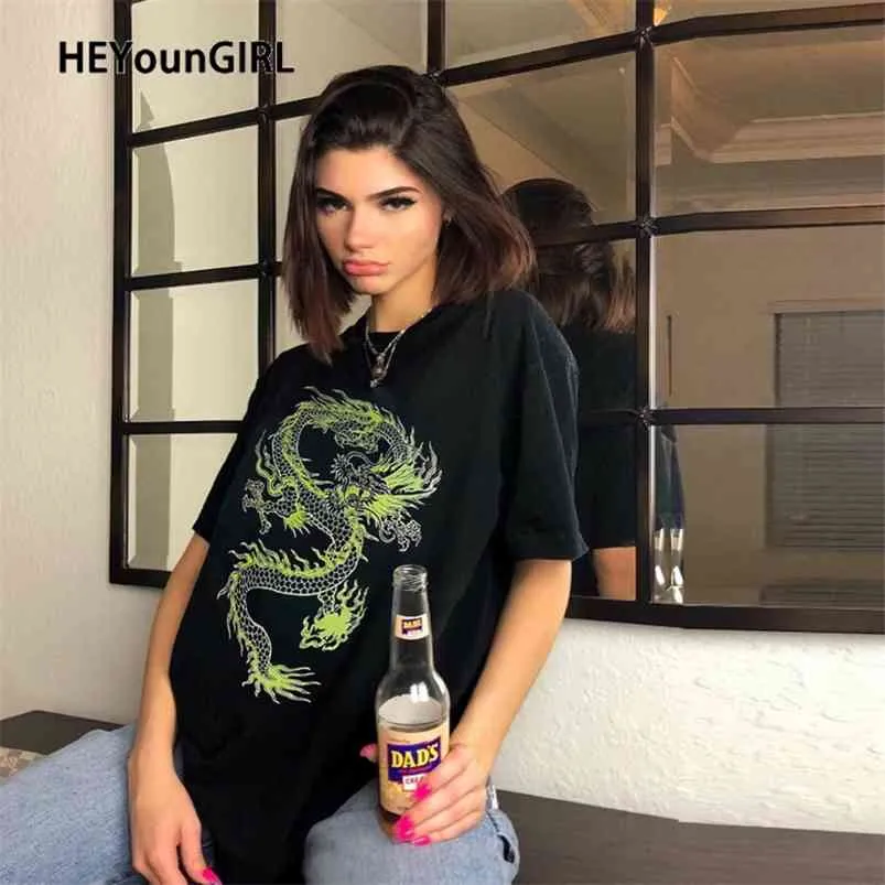 Heyoungirl Casual Loose Oversized T Shirt Dam Dragon Printed Short Sleeve Tee Kvinnor Svart Streetwear T-shirts Bomull 210623