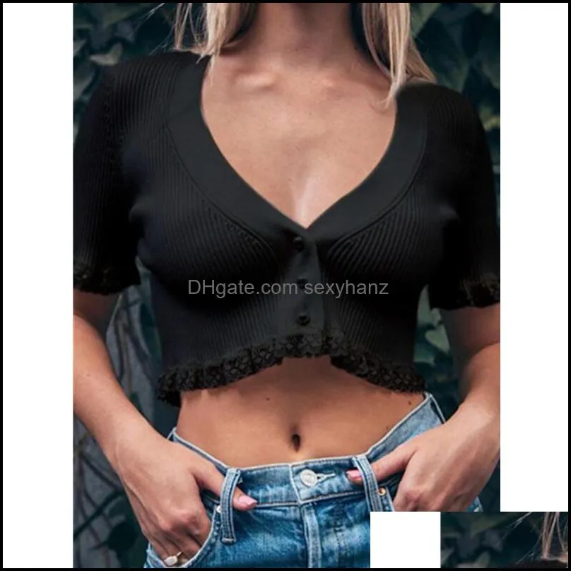 Women`s T-Shirt Women Kniited Crop Tops Solid Color Button Down Sexy V Neck Short Sleeve Lace Trim Summer Oufits Ladies Casual