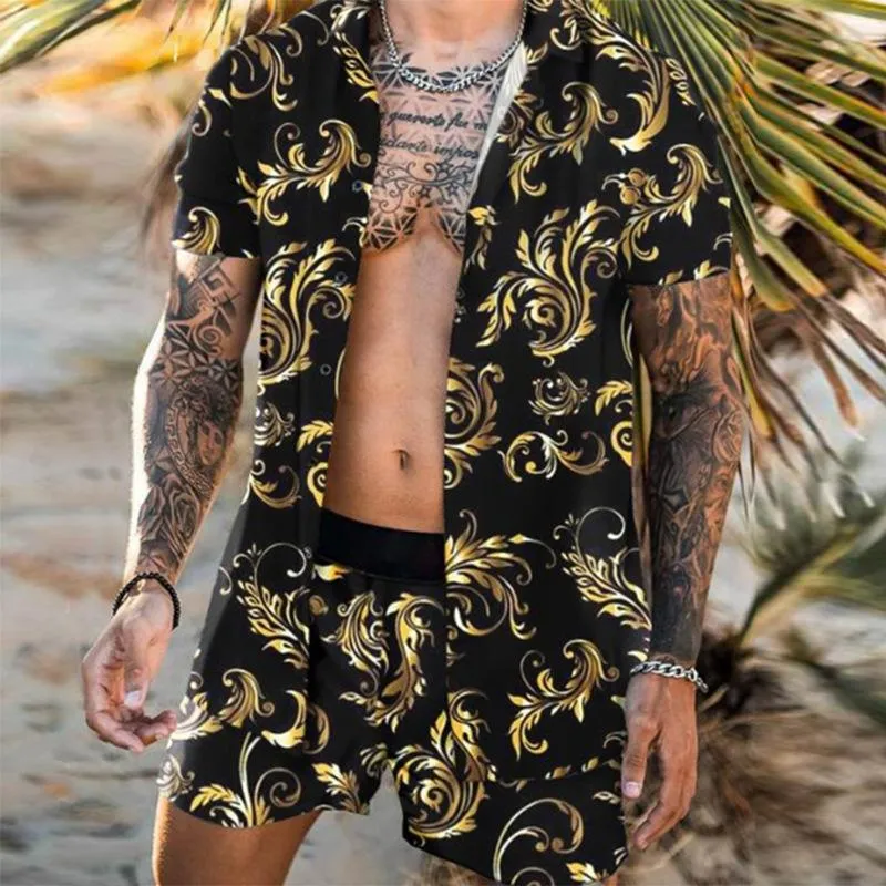Herrespår Hawaiian tryckning Kort outfit Summer Casual Floral Shirt Beach Shorts Two Piece Suit Fashion Men Set M-3XL212R