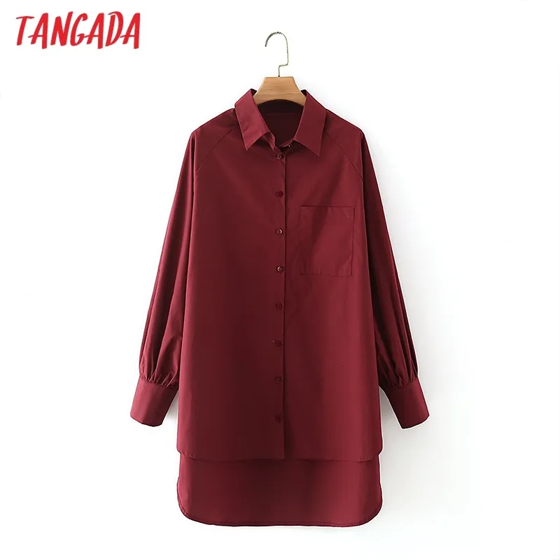 Fashion Women Solid Wine Red Shirt Long Sleeve Ladies Loose Mini Dress Vestidos 5X46 210416