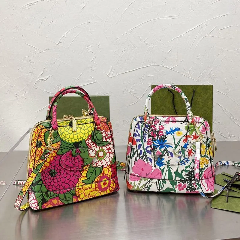Shell Bag Handbag Lady Tote Fashion Letter Colorful Floral Plants Printing Shoulder Bags Detchable Strap Genuine Leather Silver Buckle Zipper Handbags