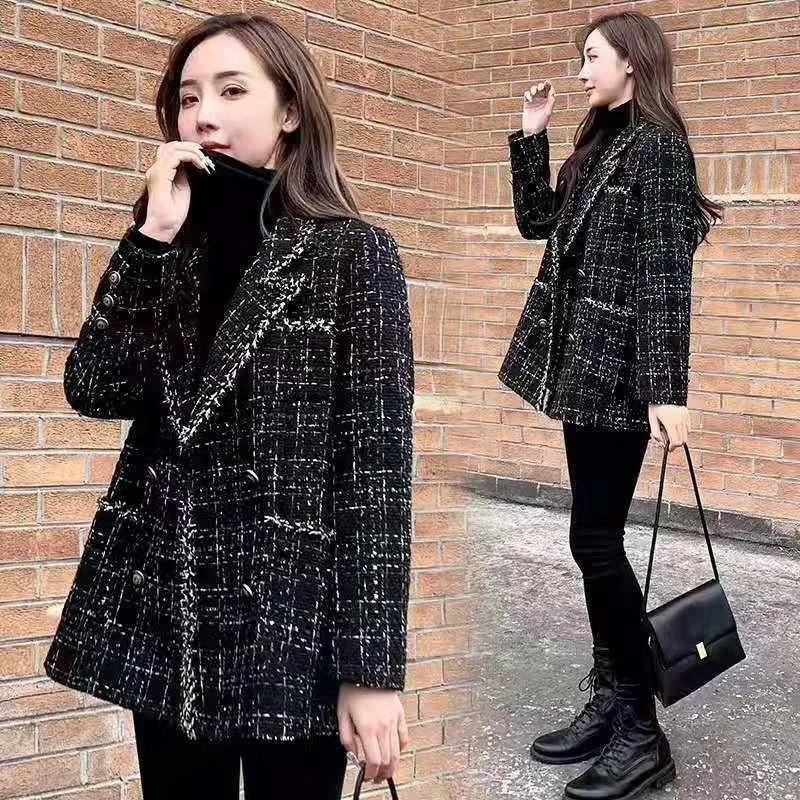 Frauen Jacken Mode Retro Mantel Lose Plaid Woolen Damen Nähte Anzug Kragen 2022 Koreanische Mäntel Frauen Drop
