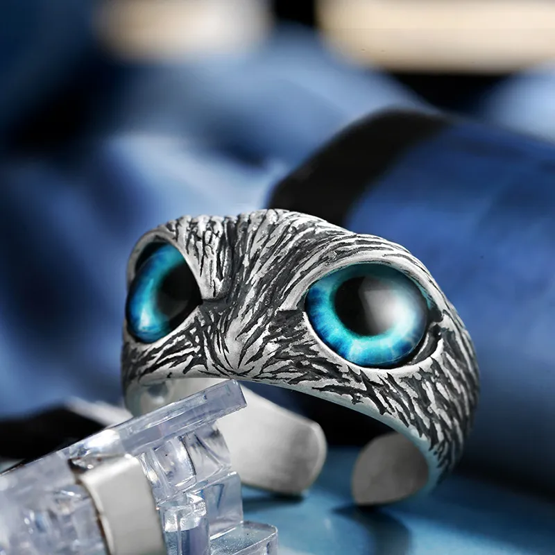 Silver Plated Blue Eye Owl Ring Women Jewelry Rings Adjustable Lab-Created