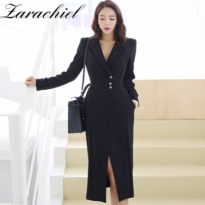 Women OL Work Blazer Notched Collar Long Sleeve Single-Breasted Business Office Lady Sexy Split Midi Dress 210416