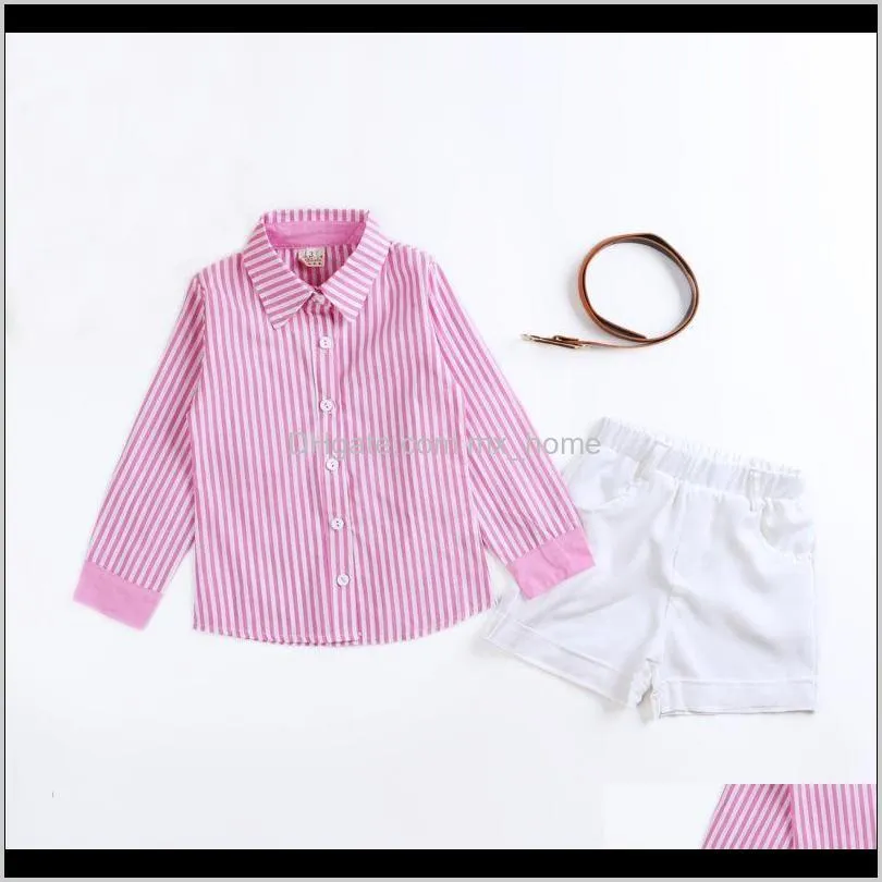 summer children`s clothing pink striped shirt+white shorts+belt 3pcs sets fashion girl dress up for 2-7 yrs kids
