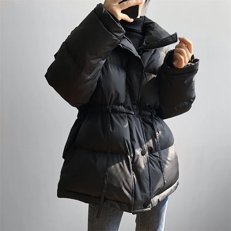 hxjjpスタンド襟の厚い暖かい下綿のパーカー女性の緩いパン冬コートウエスト閉じるレースアップフグジャケット211216
