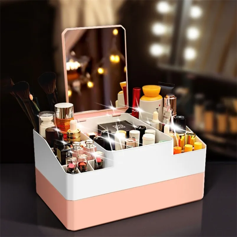 Large Capacity Mirror Makeup Storage Box Jewelry Nail Polish Cosmetic Ladies Skin Care Dressing Table Beauty 210423