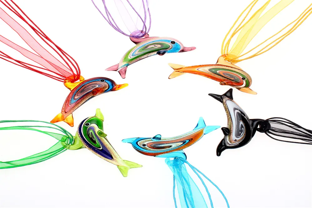 Mode 6 stücke Stil Mädchen Zubehör Delphin Anhänger Seide Halsketten Lampwork Murano Glas Halskette