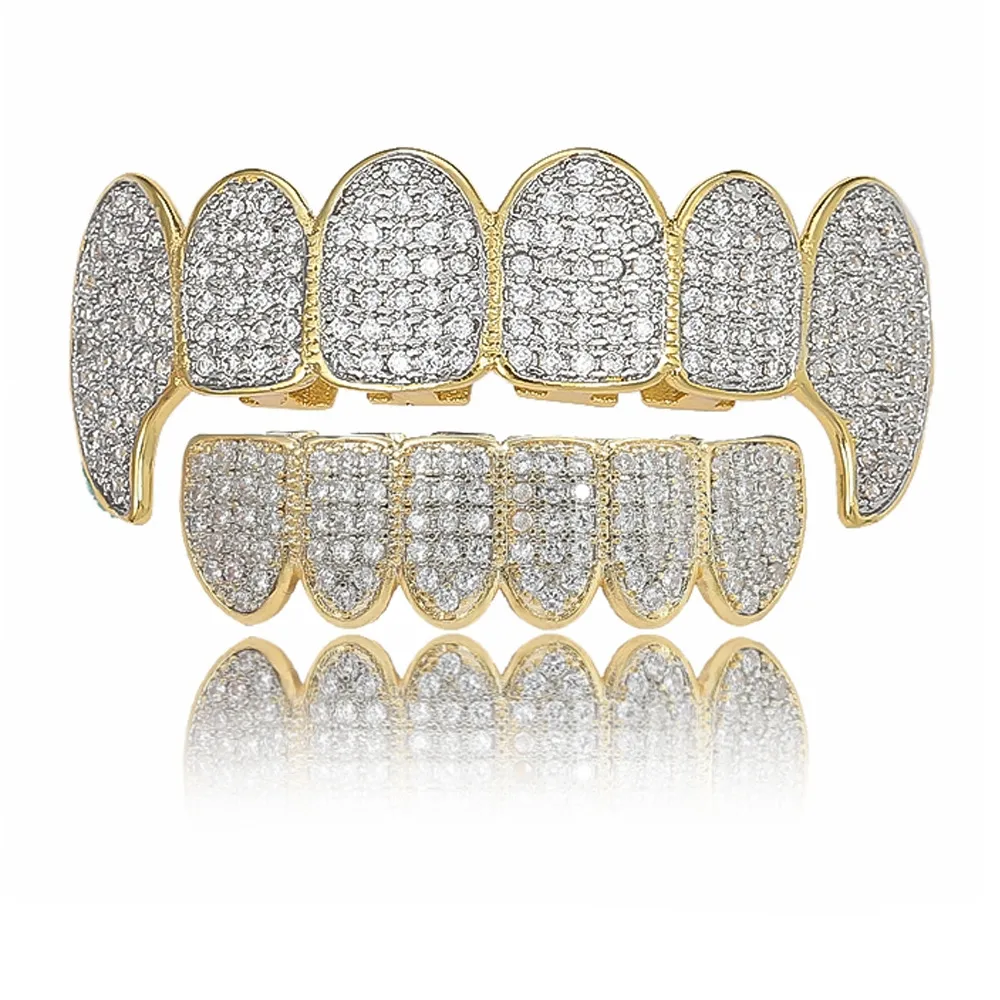 Goud Glanzend ICED OUT Tanden Grillz Strass TopBottom Grills Set Hip Hop Sieraden