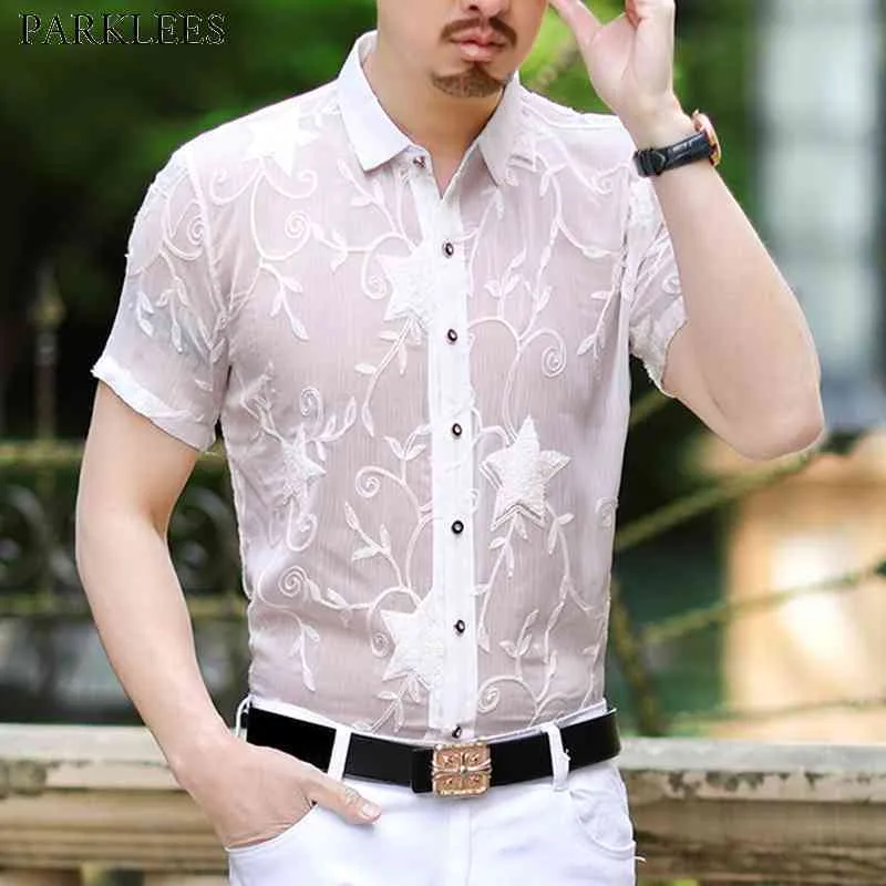 Vit Star Broderi Lace Shirt Män Lyx Märke Slim Fit Mens Klänning SHIRTS Se-genom Transparent Chemise Homme 3XL 210522