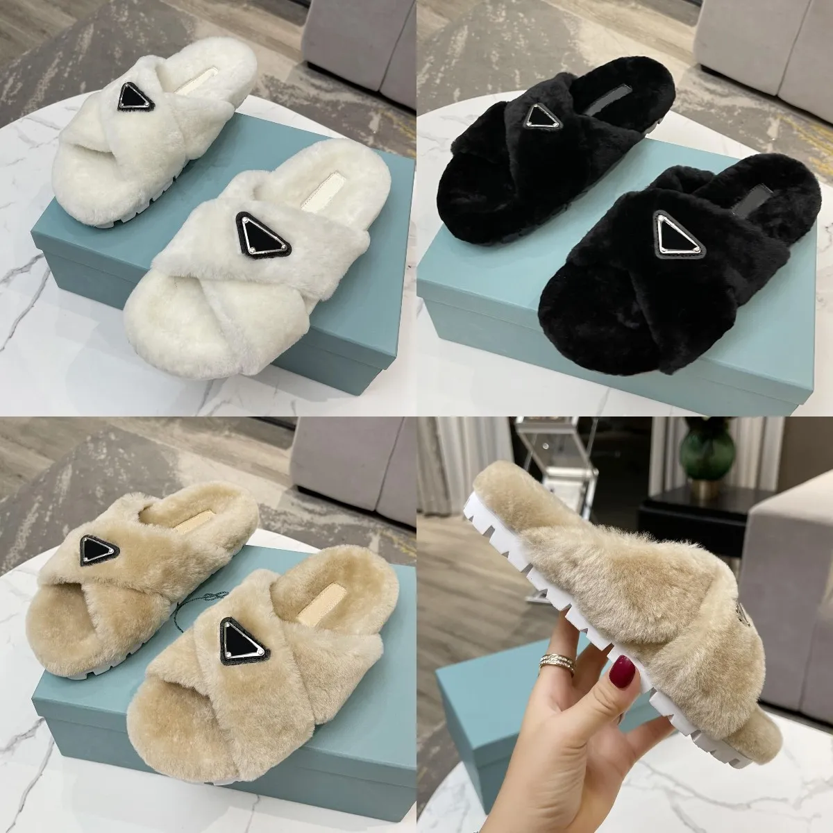 2021 Diseñador Mujeres Invierno Zapatillas de felpa Zapatos de hombros interior Piel de zorro caliente para diapositivas Flip Flops Top Tamaño 35-40 con caja