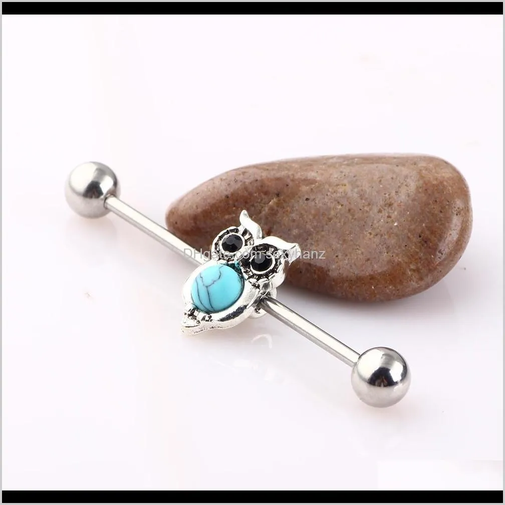 owl industrial barbell piercing cartilage stainless steel 14g 38mm tragus earring sexy body jewelry men women 20pcs