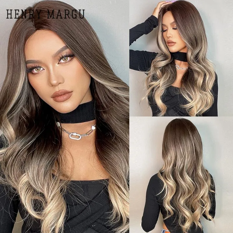 Synthetic Wigs HENRY MARGU Long Wavy Brown Highlight Blonde Natuarl Hairs For Women Cosplay Party Daily Heat Resistant Hair