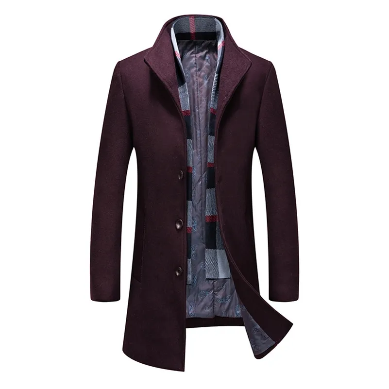 Mode Mäns Vinterullrock Middle Long Scarf Collar Cotton-Padded Tjock varm Woolen Coat Jacka Man Trench Overcoat 211122