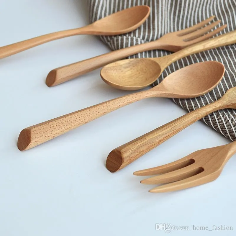 19*3.8cm/19*2.5cm Portable Eco-friendly Wooden Dinnerware Teaspoon Fork Soup Spoon Catering Cutler Kitchen Cooking Tools Utensil