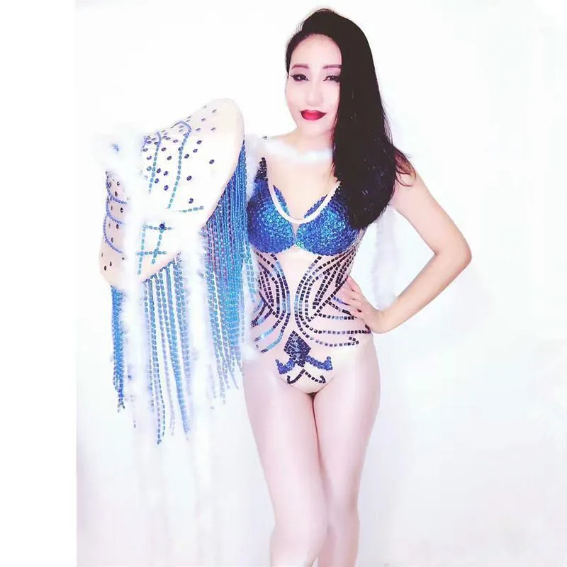 Mavi Kristaller Perspektif Mesh Bodysuit Seksi Kadın Sahne Performans Kostümleri Lüks Gece Kulübü Parti Rhinestones Leotard DJ1