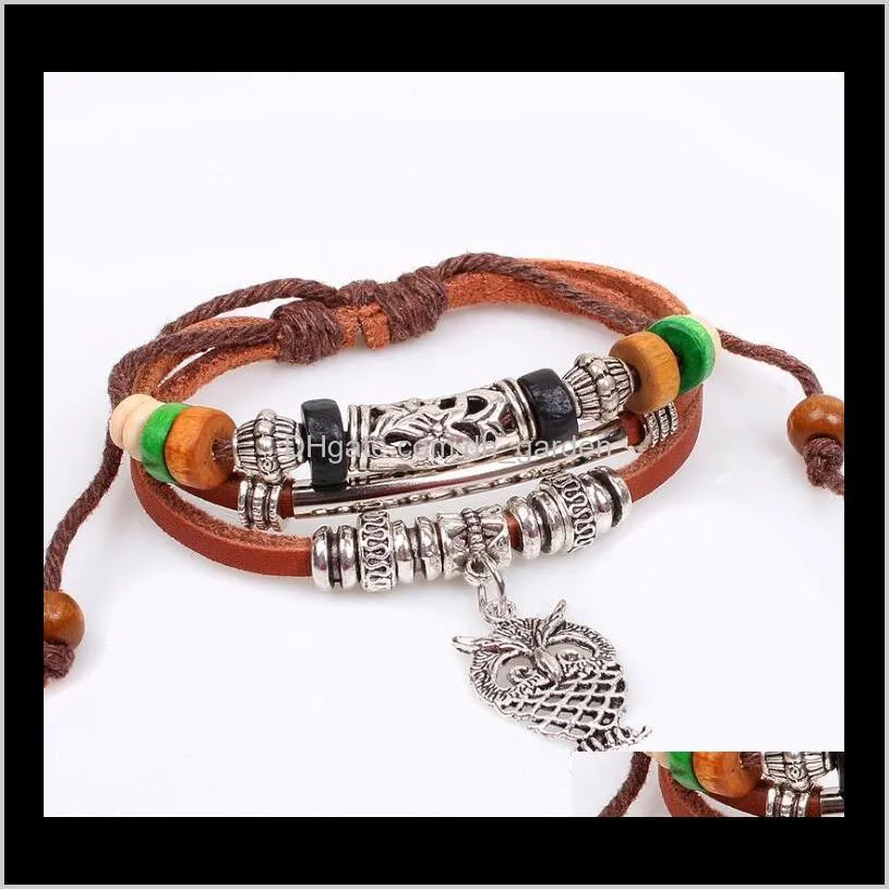 fashion jewelry vintage alloy owl leather bracelet multilayer leather wrap bracelets men casual beaded charms bracelet punk party