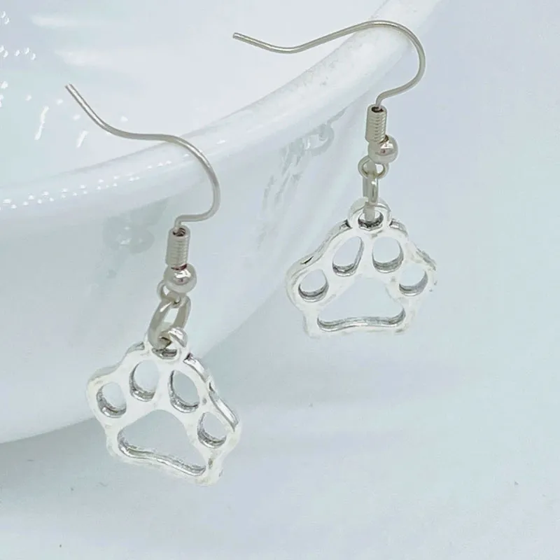 Cat Silver Color Pet Cat Dog Lover Paw Stampa Ciondolo Cucciolo Cute Animal Footprint Orecchini Donne Girl Jewelry