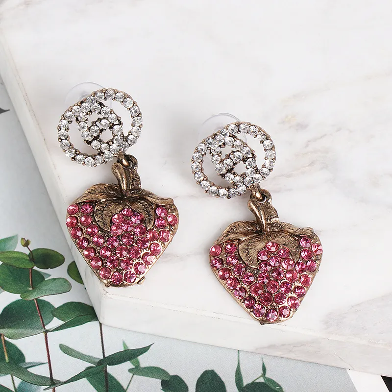 New fashion rhinestone pink color elegant and fashionable Strawberry fruit trendy water drop earrings jewelry for women 2021333F