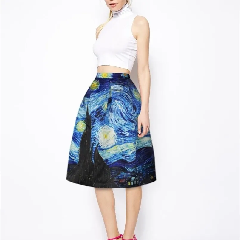 Qybian Faldas винтажные женские юбки с принтом Ван Гога и высокой талией женские рождественские большие размеры 220221