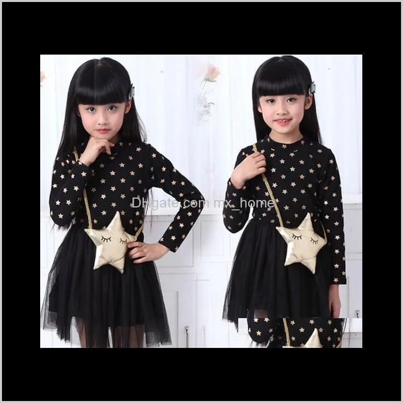 2018 children girls dress korean pure cotton star bag gauze fashion princess dresses kids white black 100-140 3-8age child clothing