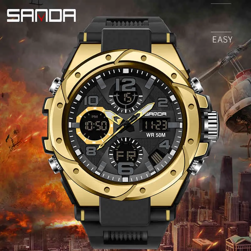 Sanda New Men Wojskowy zegarek 50m Wodoodporny Zegarek Led Quartz Clock Sport Watch S Szokowy Męski Zegarek Relogios Masculino X0524