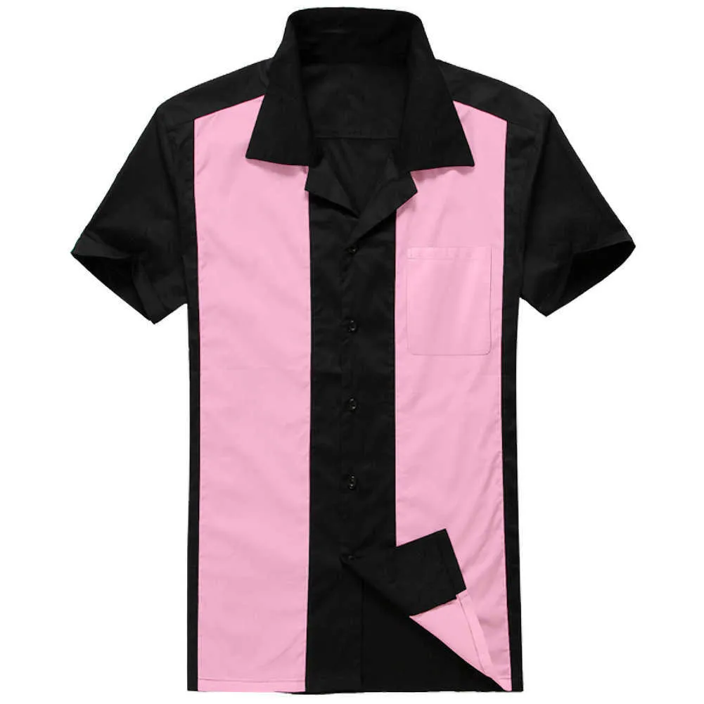 プラスサイズの男性の50ス紳士服半袖ピンク/黒のパッチワークロカビリースタイルカジュアルコットンブラウスメンズボーリングシャツ210527