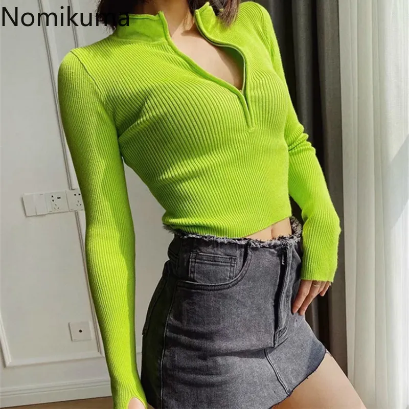 Nomikuma Slim Fit Zipper Half Turtleneck Sweater Women Solid Color Long Sleeve Short Pullovers Jumpers High Street Pull Femme 210514