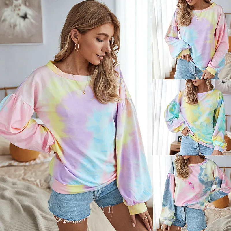 Kobiety Z Długim Rękawem Koszulki Jesień Zima O Neck Color Contrast Tie Dye Drukuj Podstawowe Tshirt Topy Casual Luźna Streetwear Lady Topy 210507